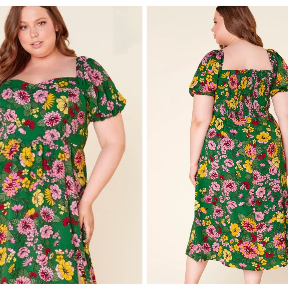 Sugarlips Green Floral Square Neck Puff Sleeve Midi Dress